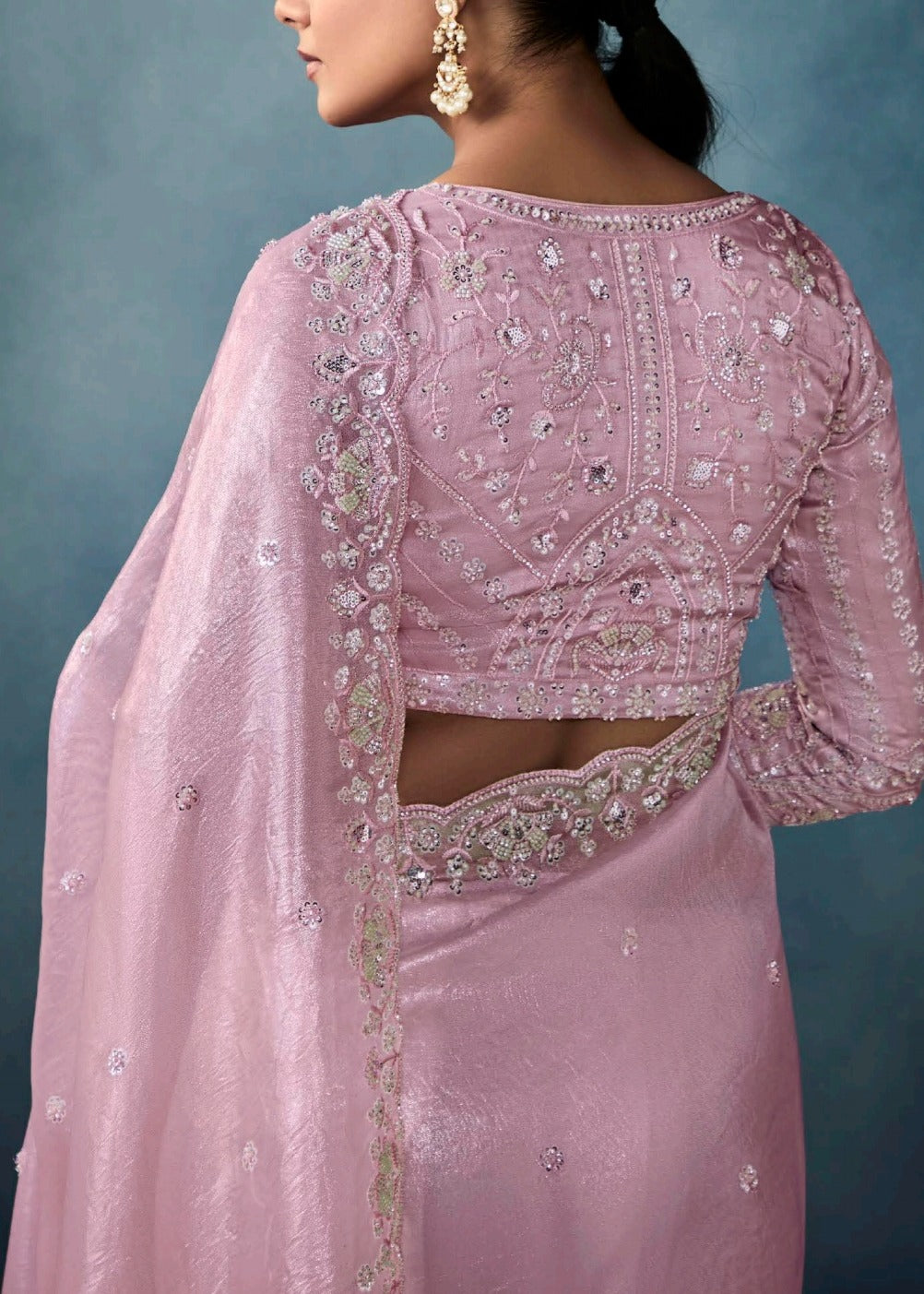 Pastel Pink Designer Tissue Saree With Sequins & Bead Work Embroidery