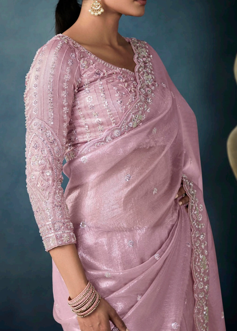 Pastel Pink Designer Tissue Saree With Sequins & Bead Work Embroidery