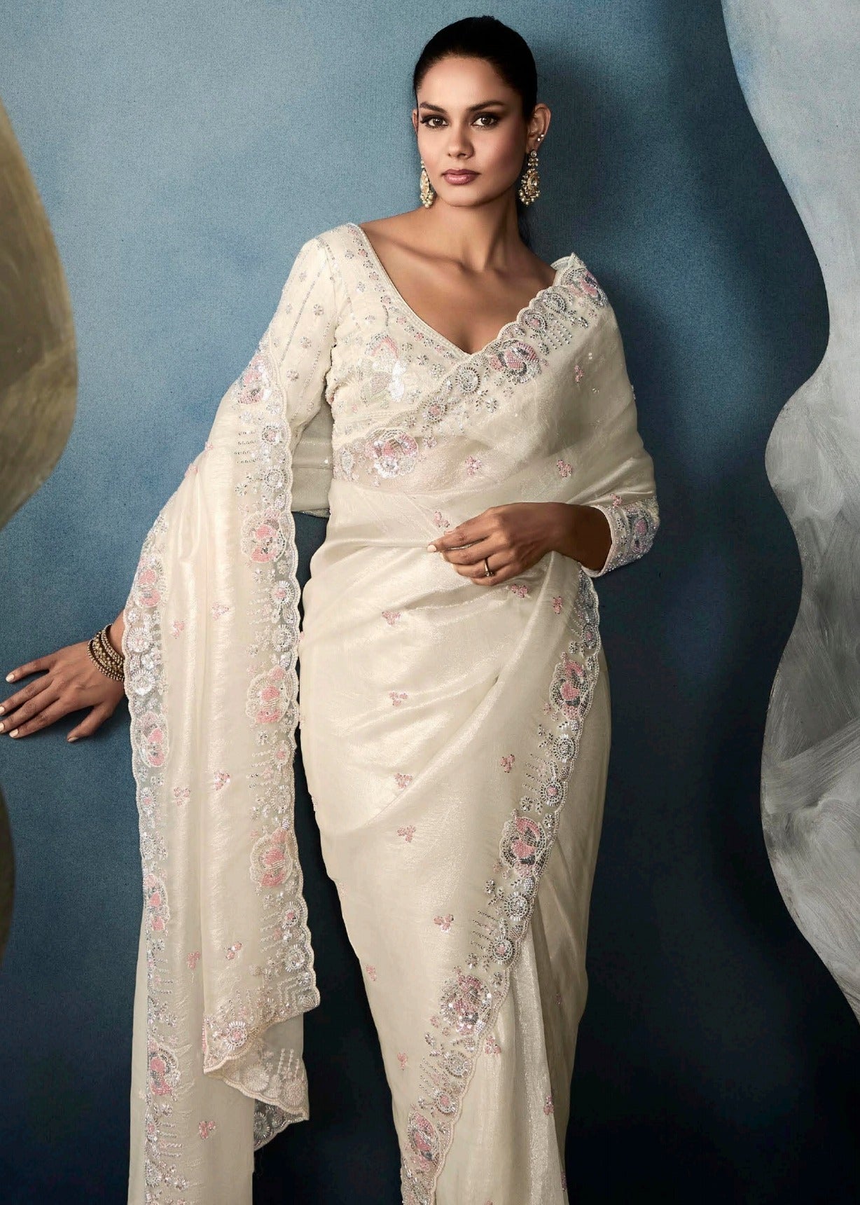 Off White Designer Tissue Saree With Sequins & Bead Work Embroidery