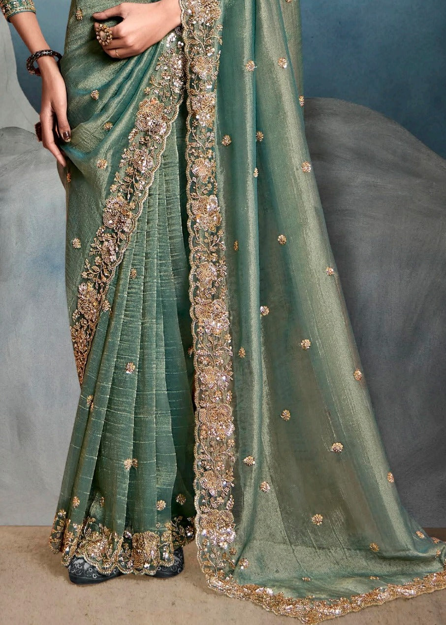 Ocean Green Designer Tissue Saree With Sequins & Bead Work Embroidery