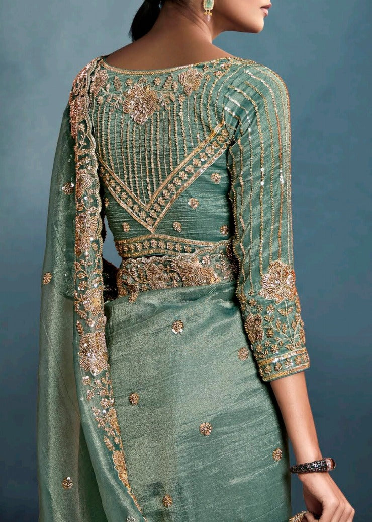 Ocean Green Designer Tissue Saree With Sequins & Bead Work Embroidery