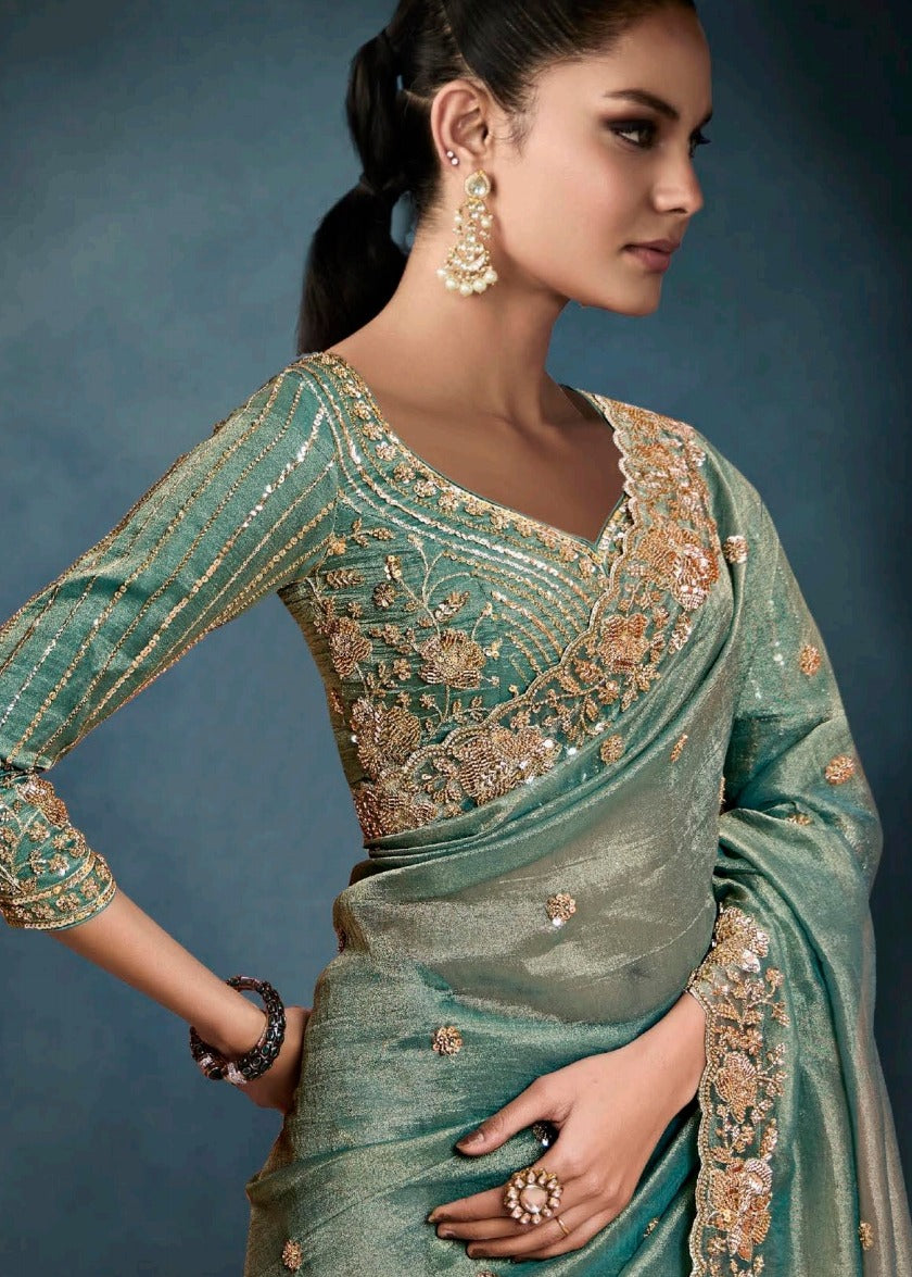 Ocean Green Designer Tissue Saree With Sequins & Bead Work Embroidery