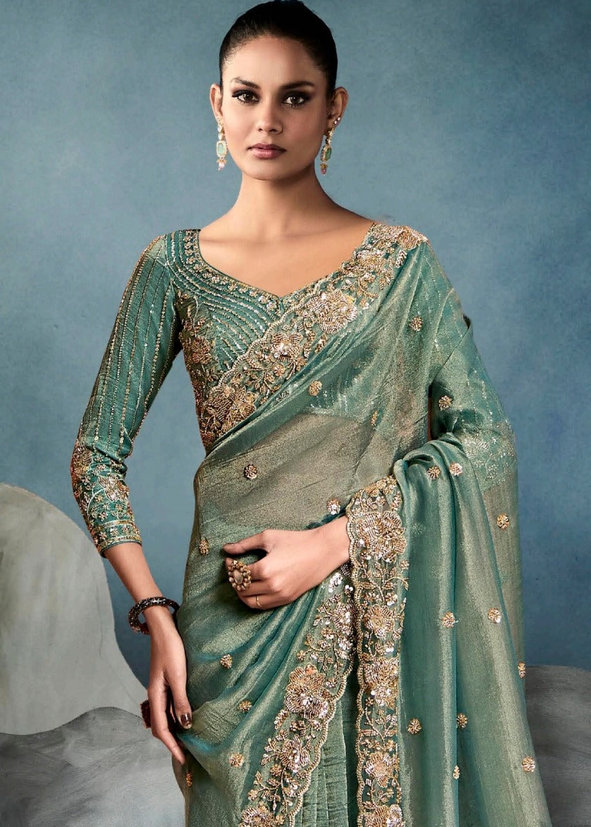 Ocean Green Designer Tissue Saree With Sequins & Bead Work Embroidery