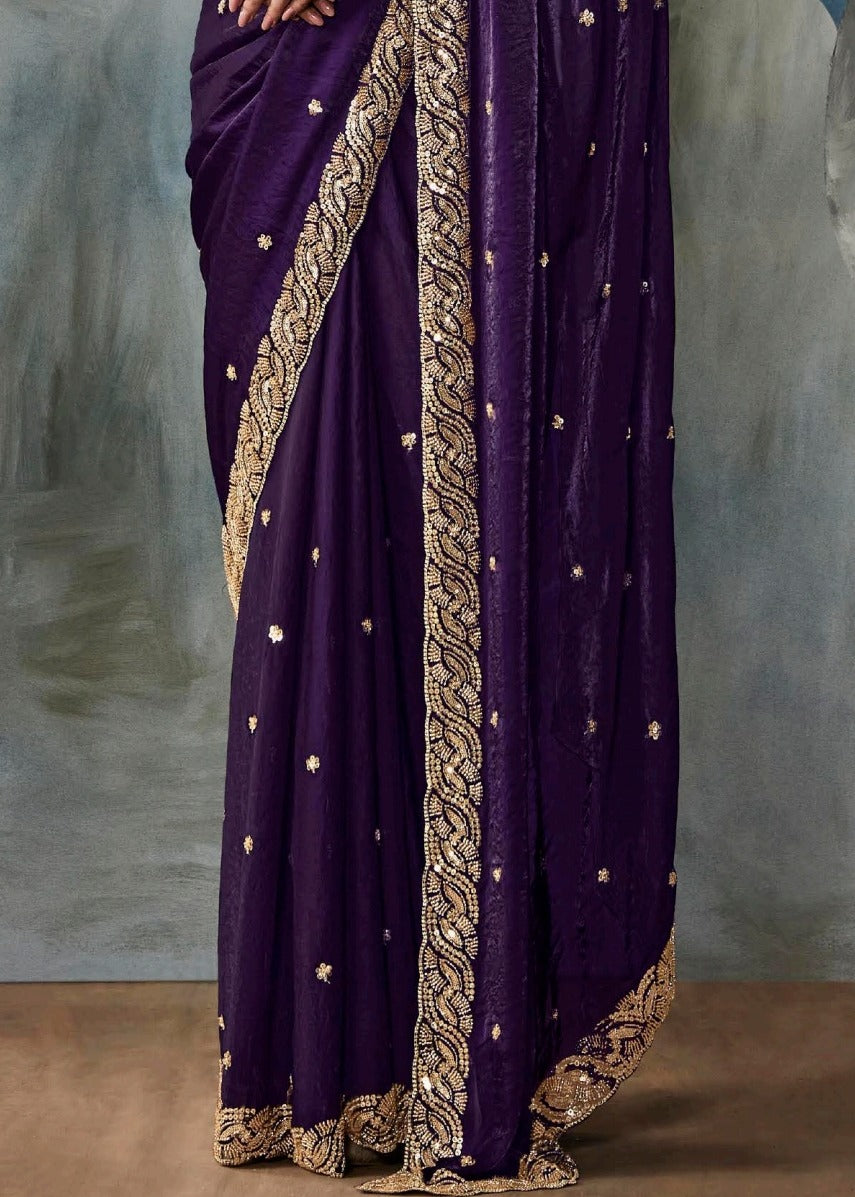 Violet Purple Designer Tissue Saree With Sequins & Bead Work Embroidery