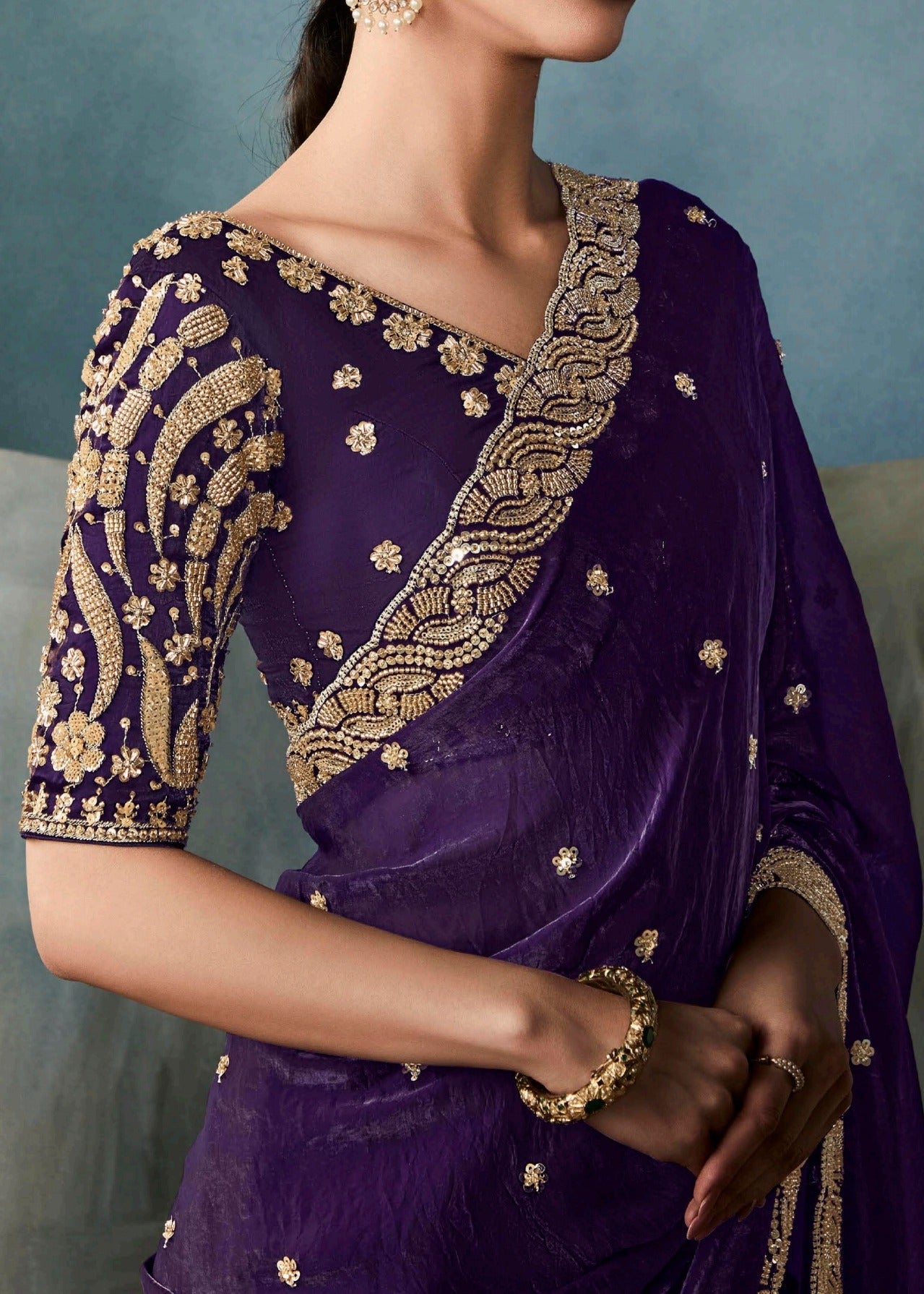 Violet Purple Designer Tissue Saree With Sequins & Bead Work Embroidery