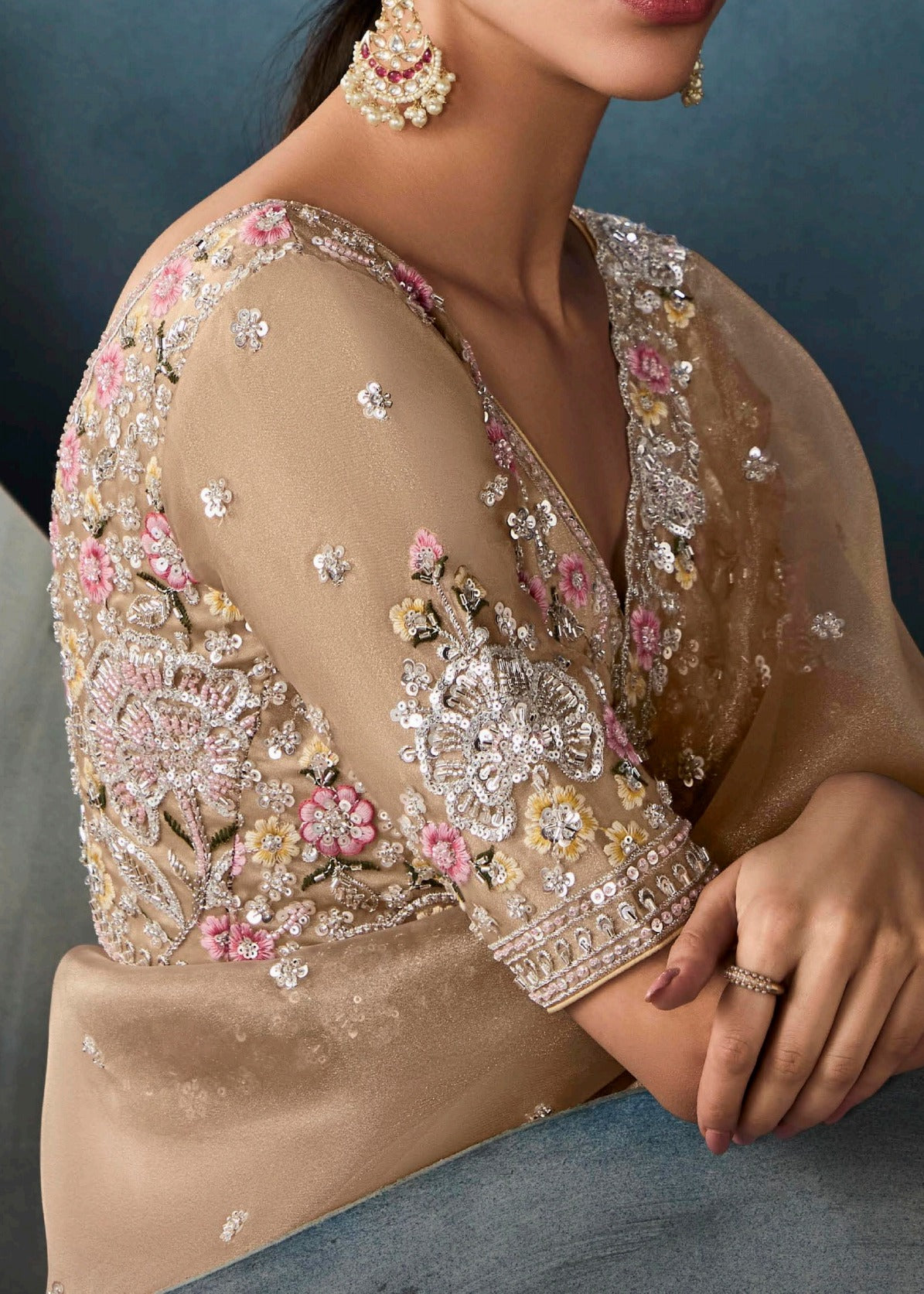 Golden Beige Designer Tissue Saree With Sequins & Bead Work Embroidery