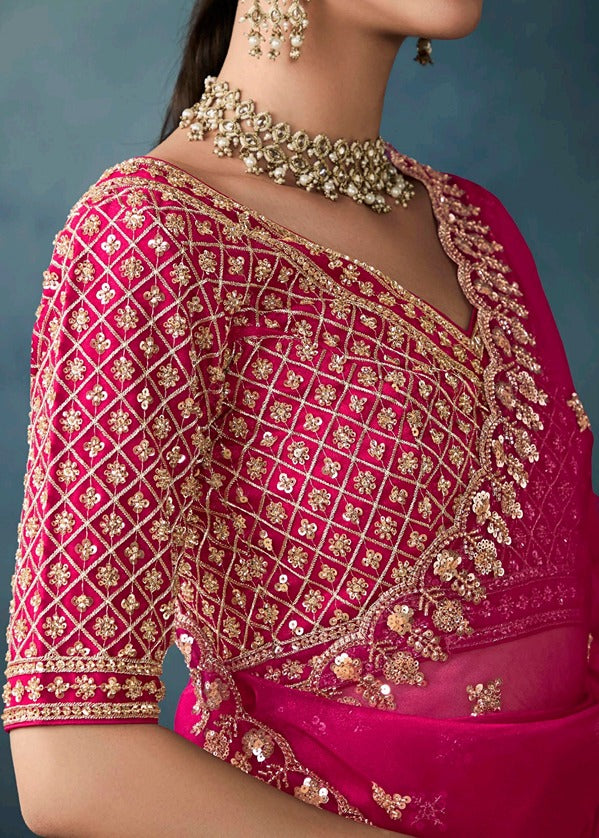 Hot Pink Designer Tissue Saree With Sequins & Bead Work Embroidery