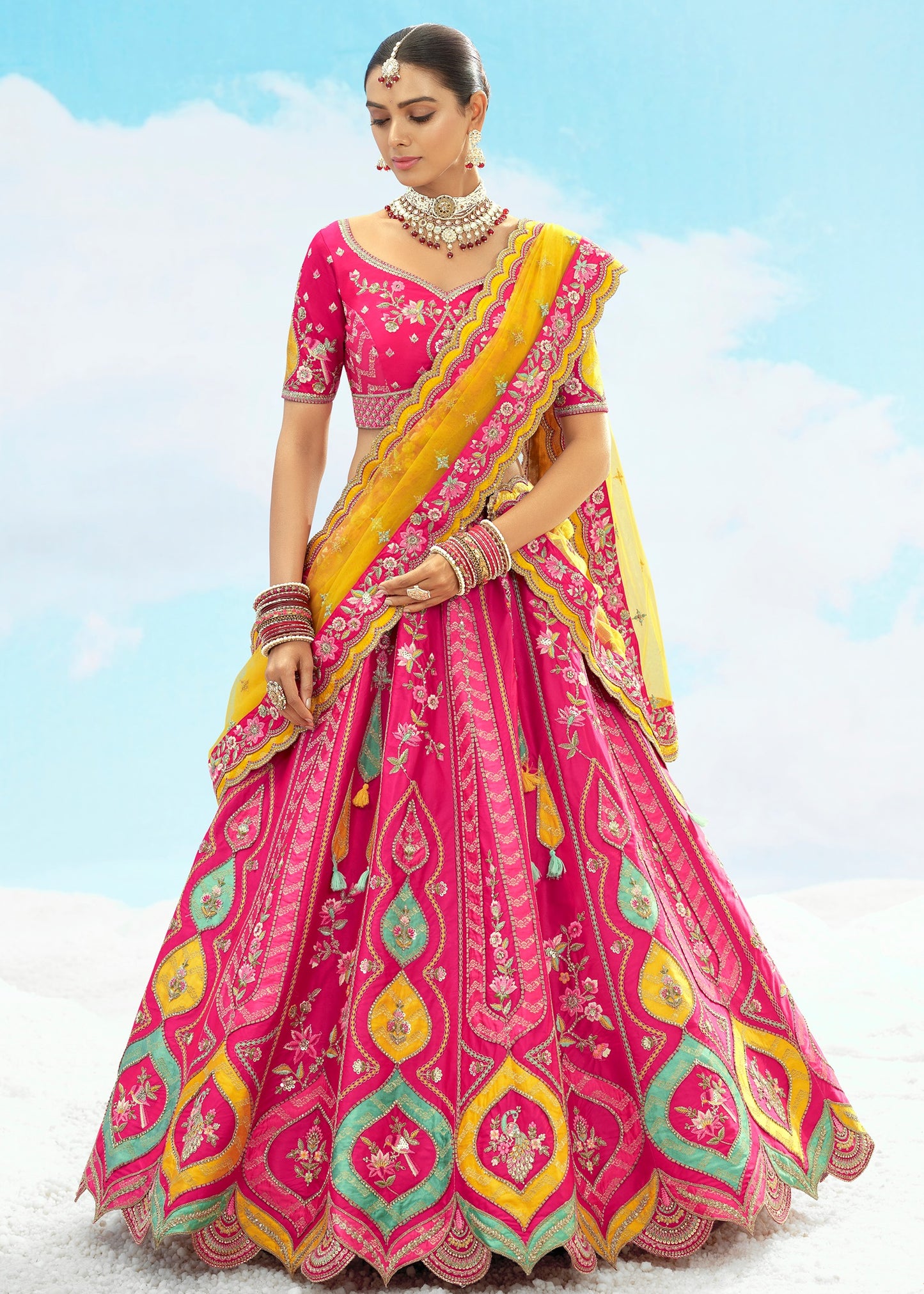 Hot Pink and Yellow Banarasi Silk Lehenga Choli