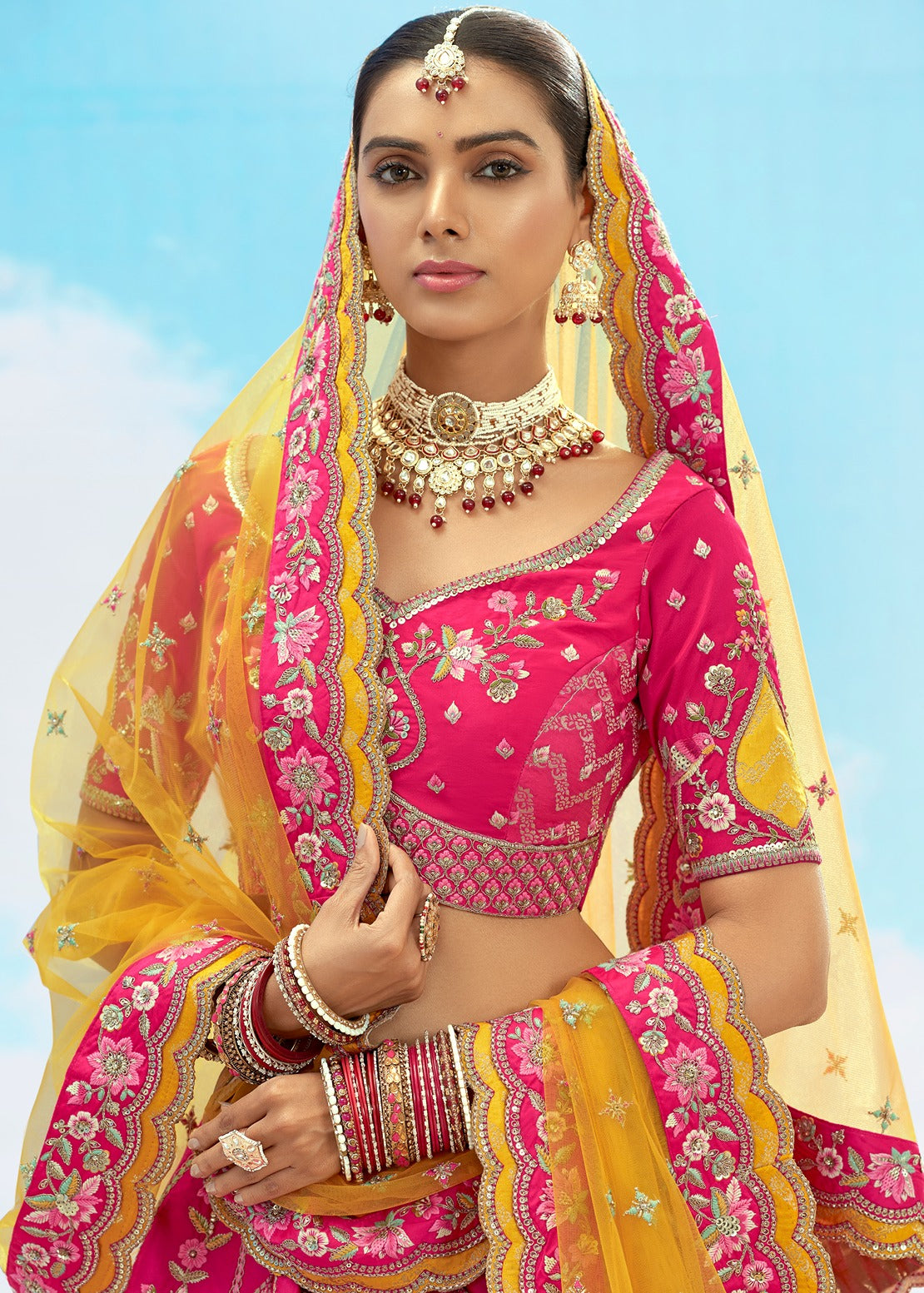Hot Pink and Yellow Banarasi Silk Lehenga Choli