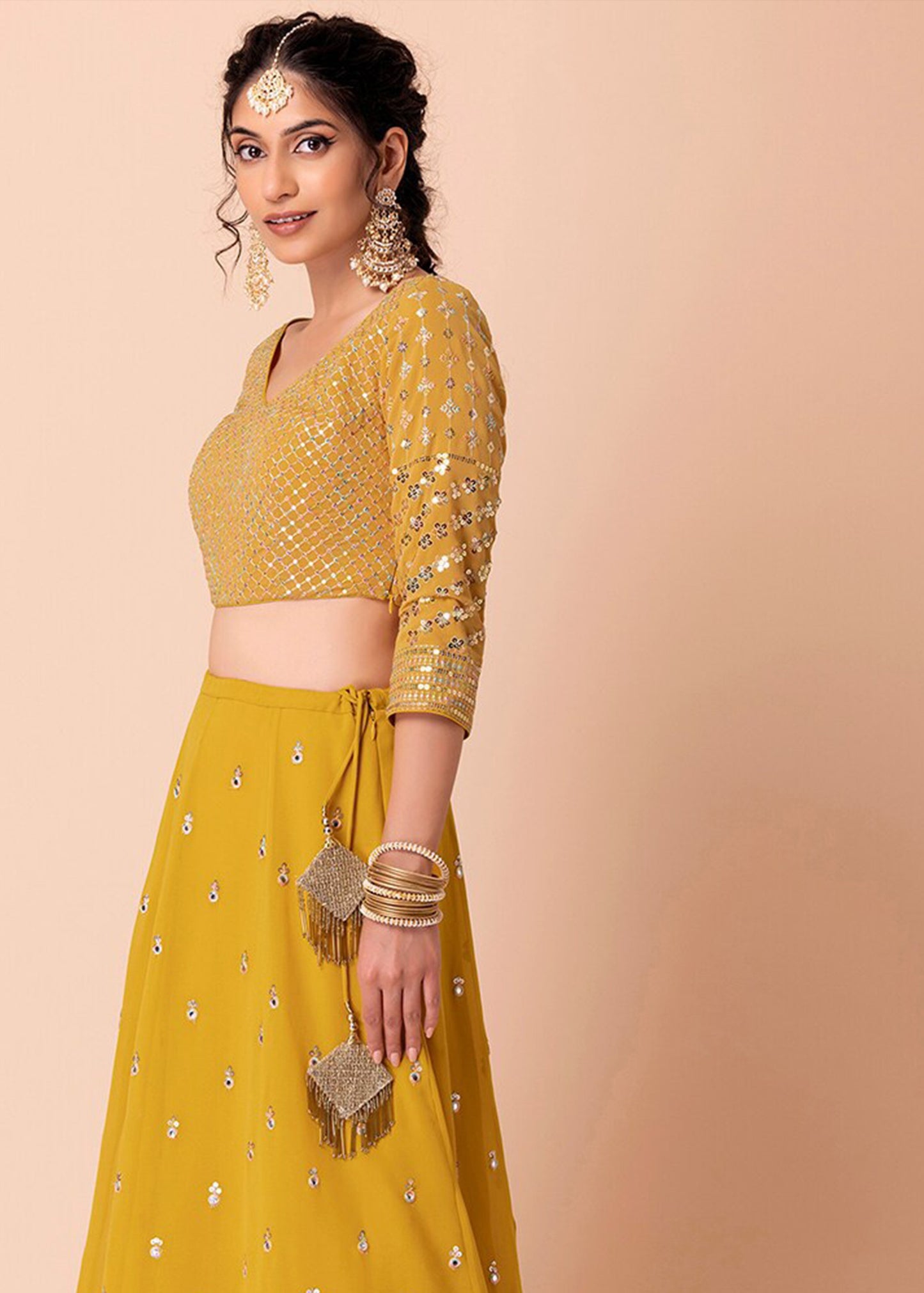 Yellow Sequins Work Georgette Bridesmaids Lehenga Choli