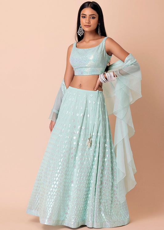 Pastel Blue Sequins Work Georgette Bridesmaids Lehenga Choli