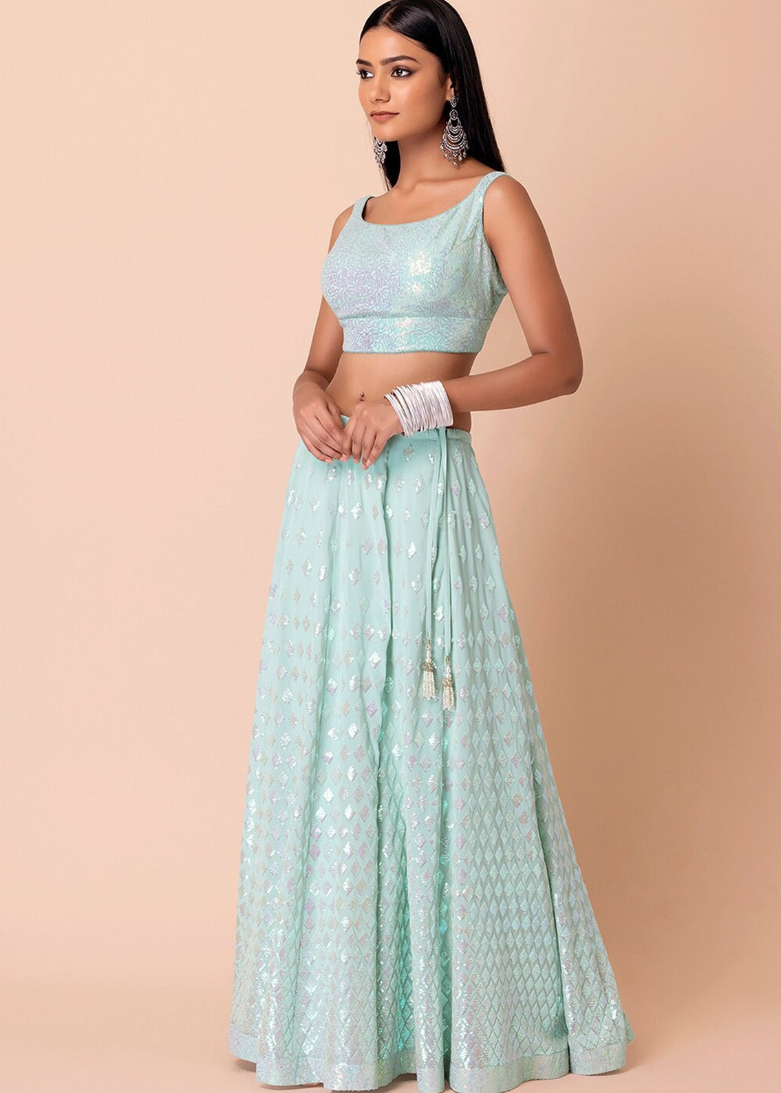 Pastel Blue Sequins Work Georgette Bridesmaids Lehenga Choli