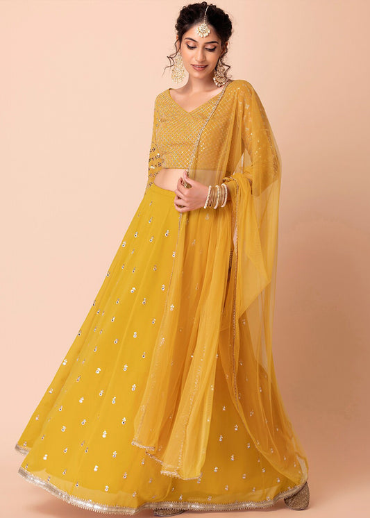 Yellow Sequins Work Georgette Bridesmaids Lehenga Choli