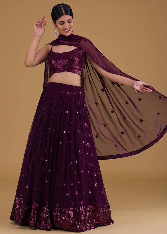 Wine Red Sequins Work Georgette Bridesmaids Lehenga Choli