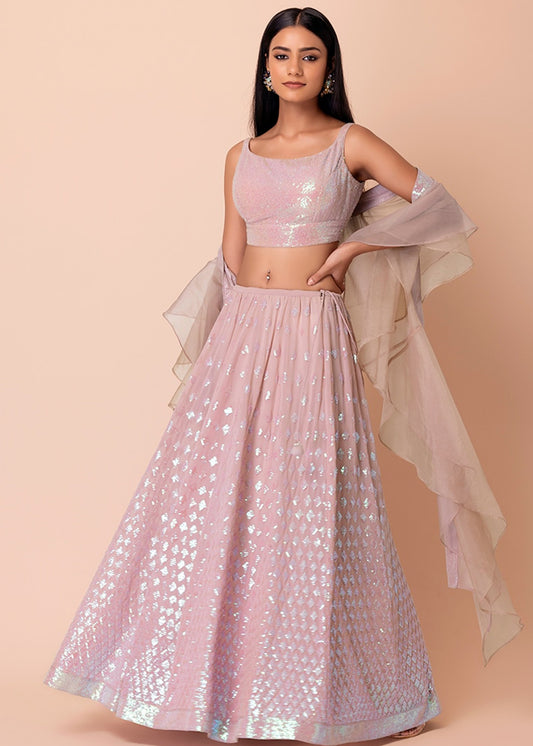 Pastel Pink Sequins Work Georgette Bridesmaids Lehenga Choli
