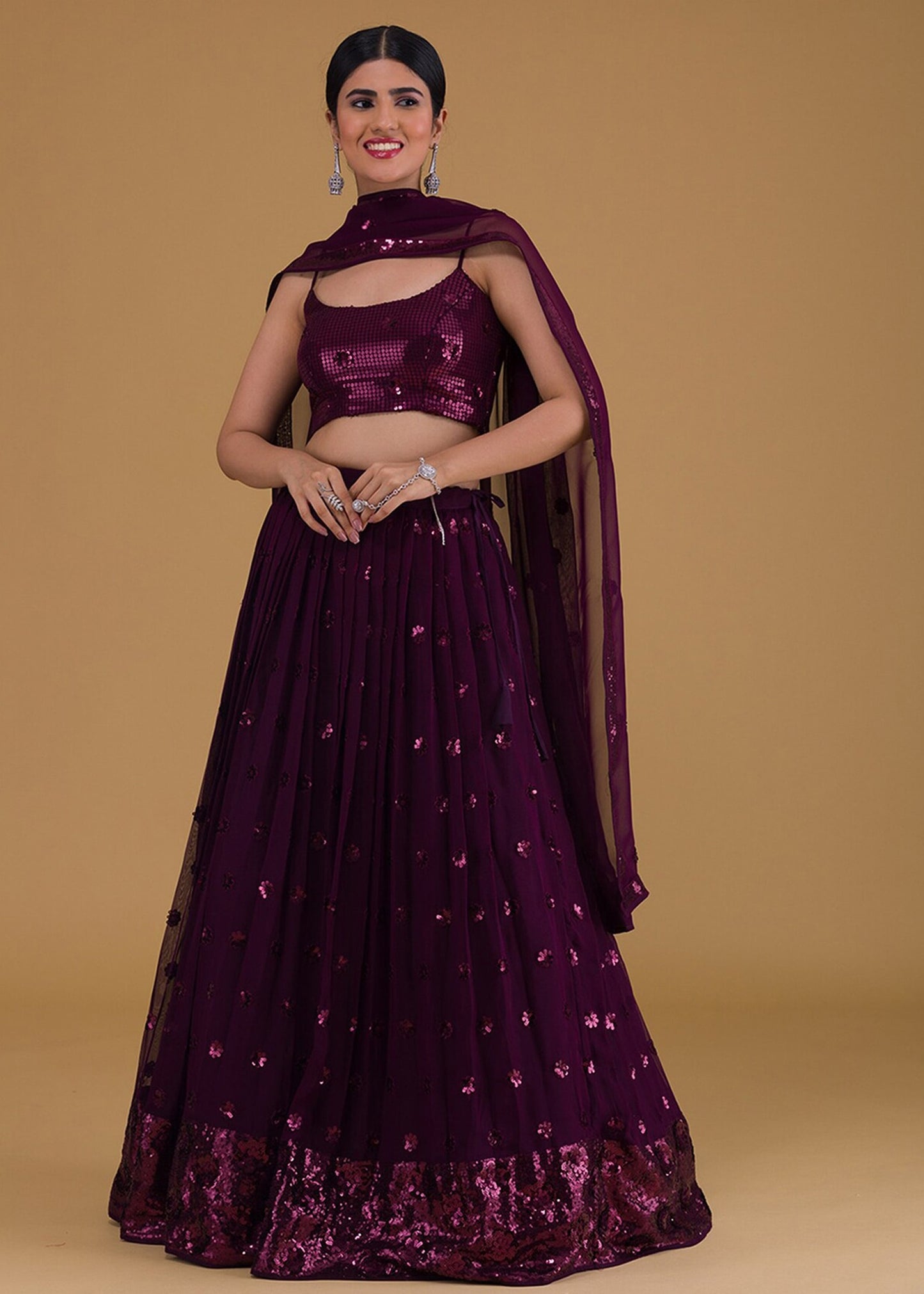Wine Red Sequins Work Georgette Bridesmaids Lehenga Choli