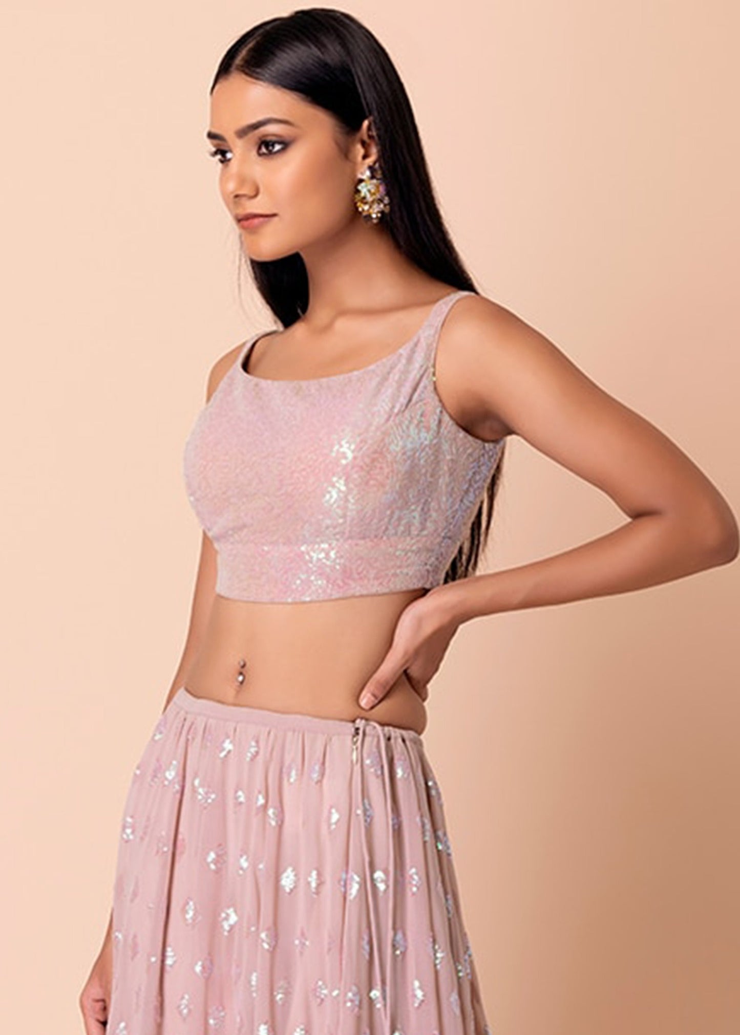 Pastel Pink Sequins Work Georgette Bridesmaids Lehenga Choli