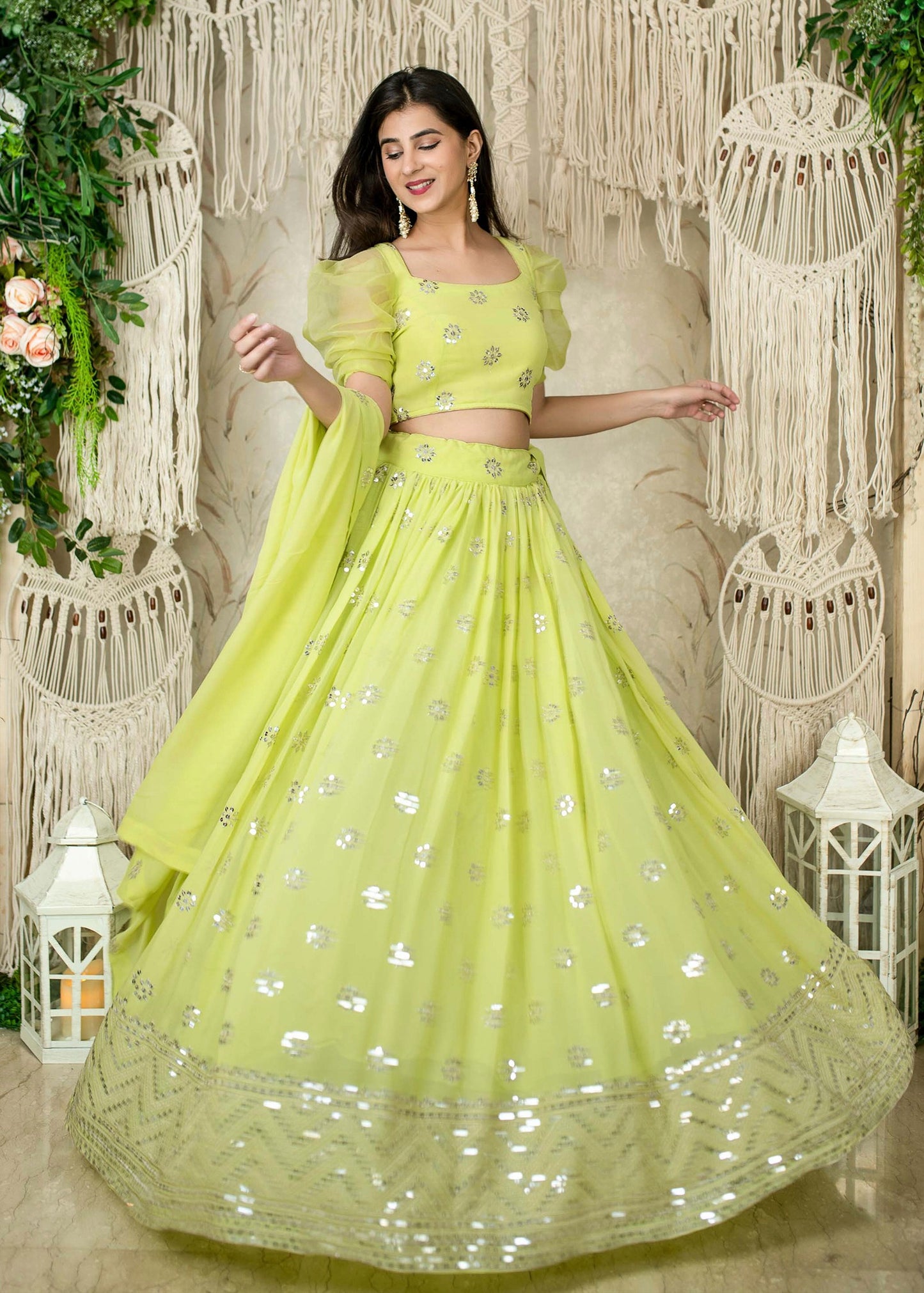 Neon Parrot Green Sequins Work Georgette Bridesmaids Lehenga Choli