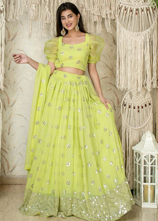 Neon Parrot Green Sequins Work Georgette Bridesmaids Lehenga Choli
