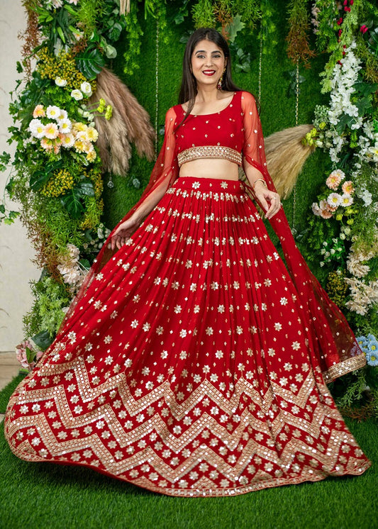 Red & Golden Sequins Work Georgette Lehenga Choli