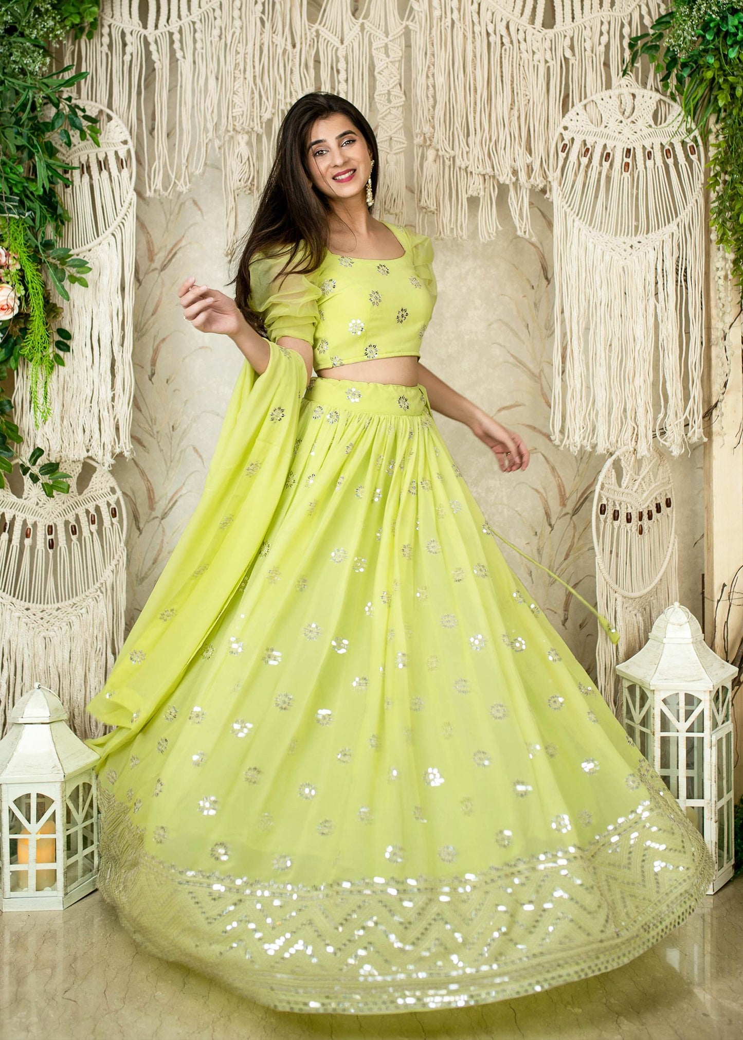 Neon Parrot Green Sequins Work Georgette Bridesmaids Lehenga Choli