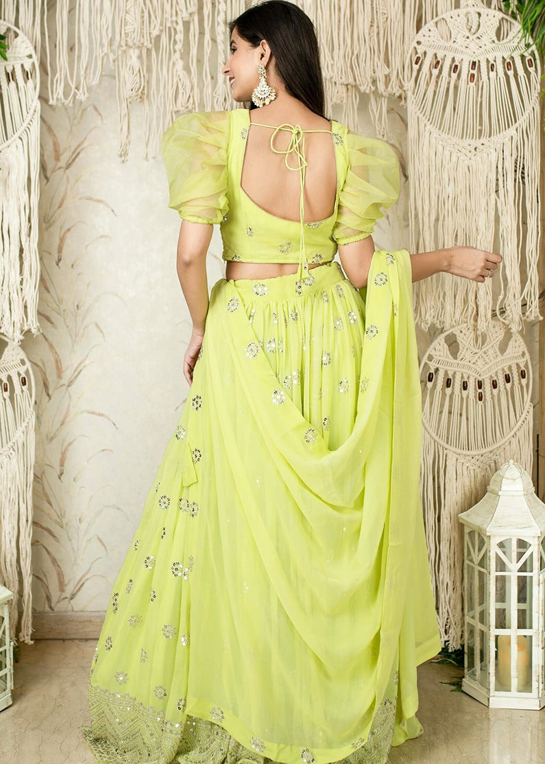 Neon Parrot Green Sequins Work Georgette Bridesmaids Lehenga Choli