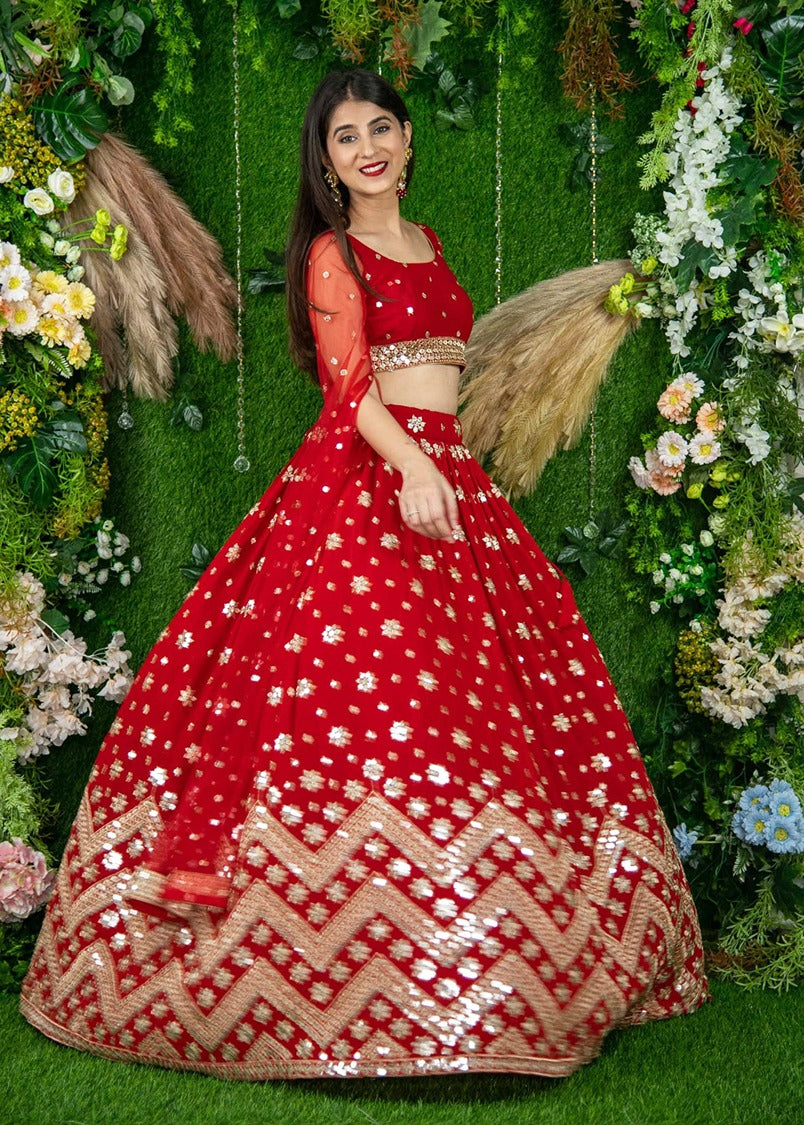 Red & Golden Sequins Work Georgette Lehenga Choli
