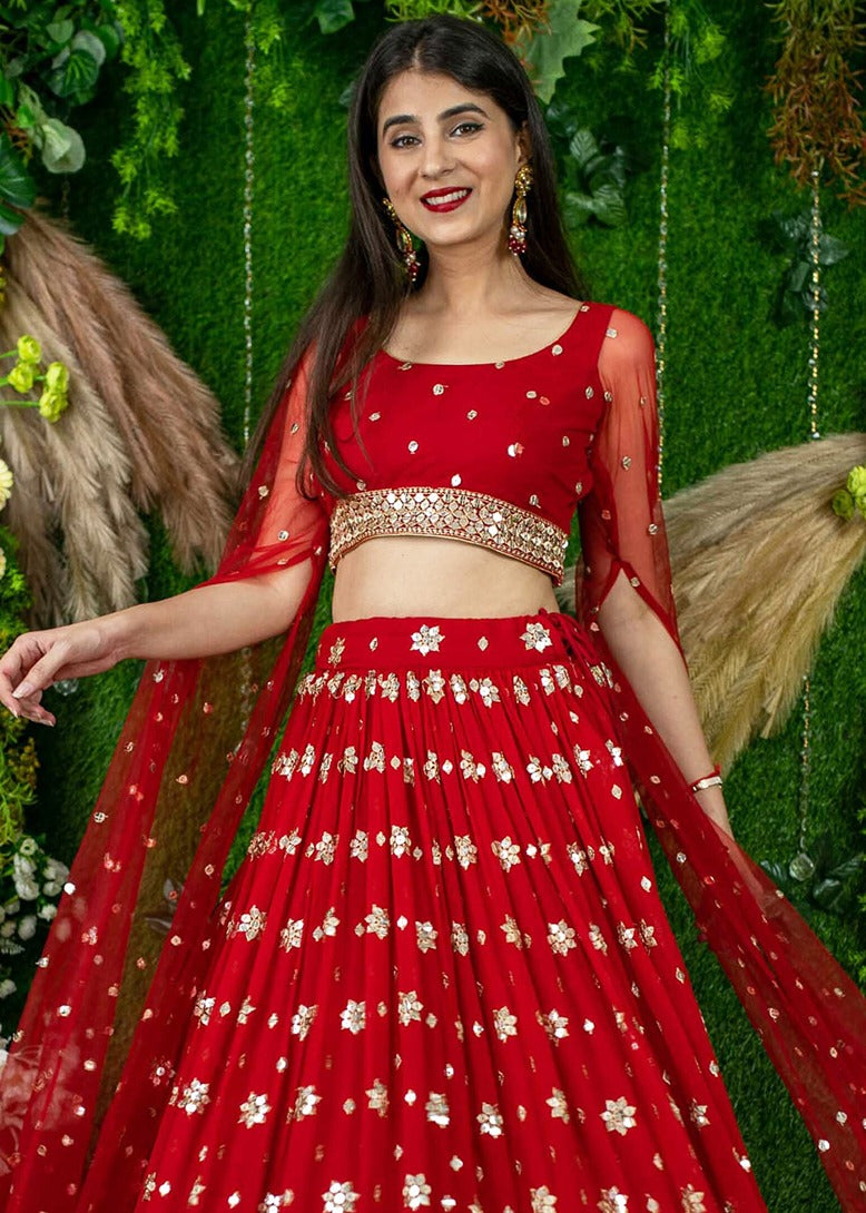 Red & Golden Sequins Work Georgette Lehenga Choli