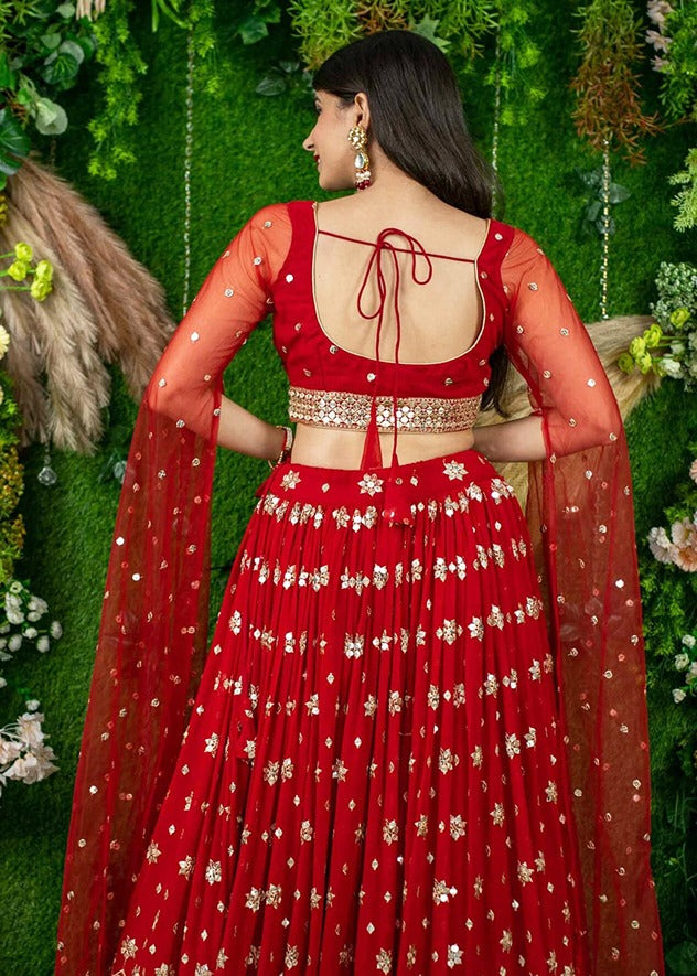 Red & Golden Sequins Work Georgette Lehenga Choli