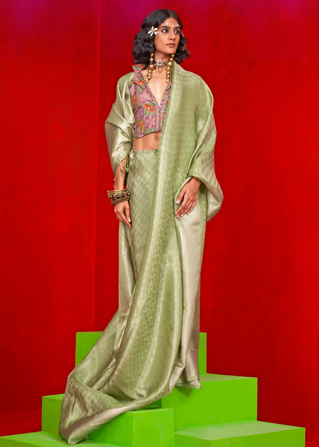 Pastel Green Banarasi Tissue Silk Handloom Saree