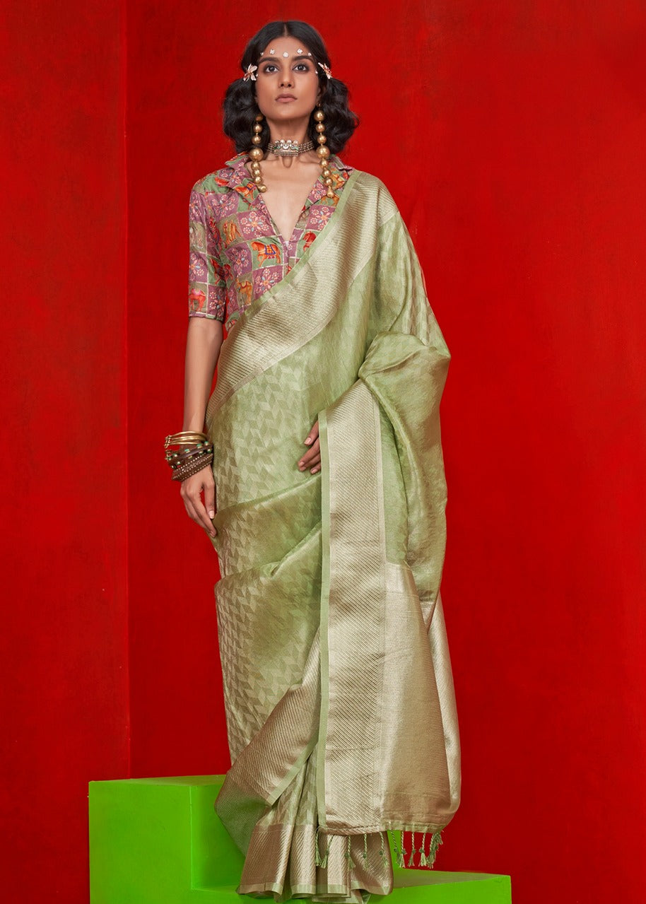 Pastel Green Banarasi Tissue Silk Handloom Saree