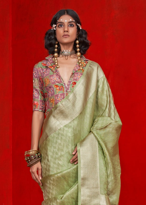Pastel Green Banarasi Tissue Silk Handloom Saree