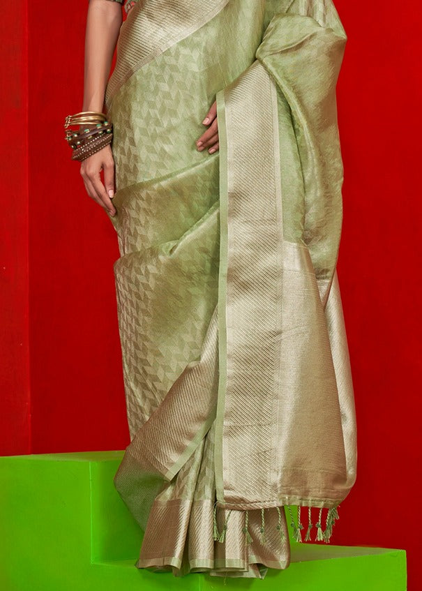 Pastel Green Banarasi Tissue Silk Handloom Saree