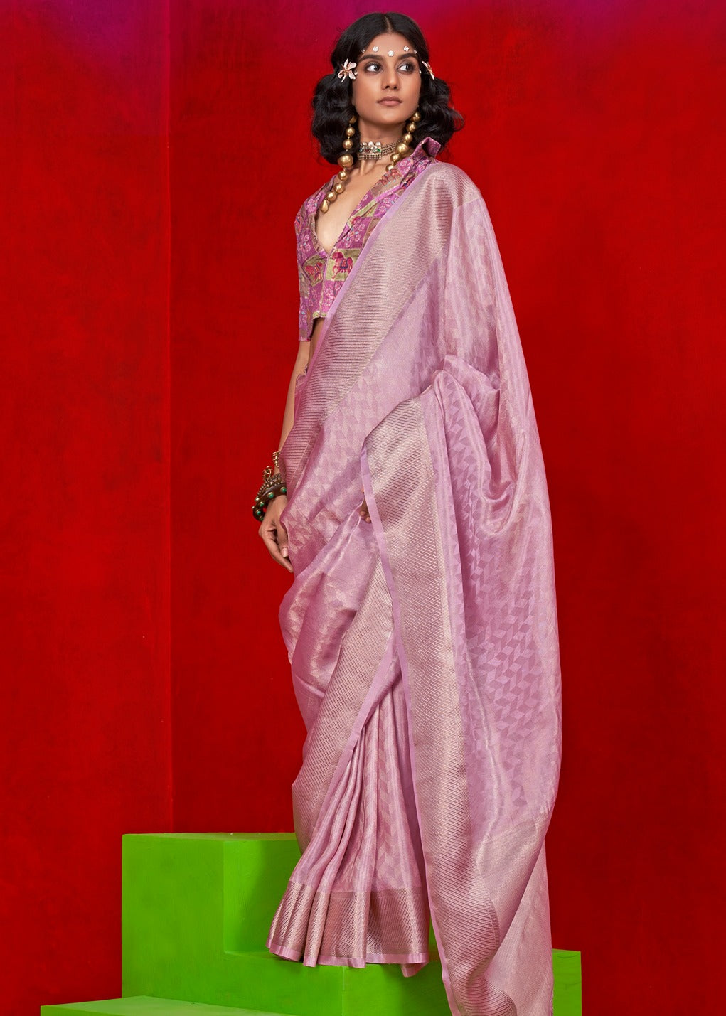 Pastel Pink Banarasi Tissue Silk Handloom Saree