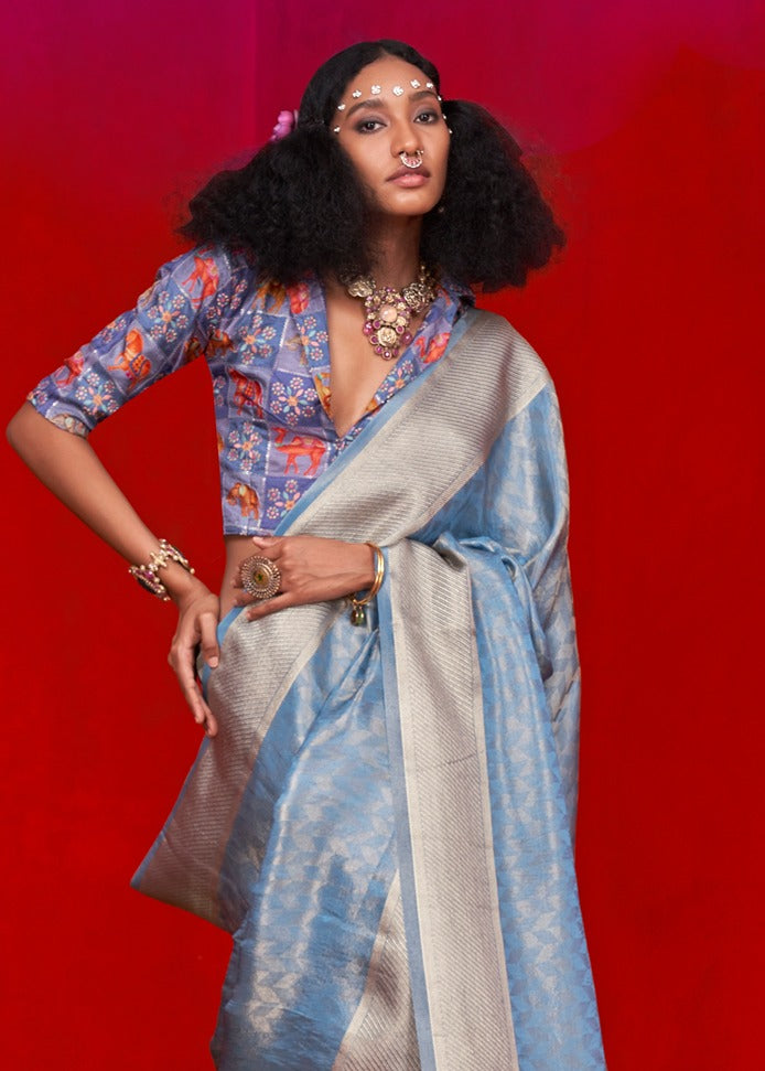 Pastel Blue Banarasi Tissue Silk Handloom Saree
