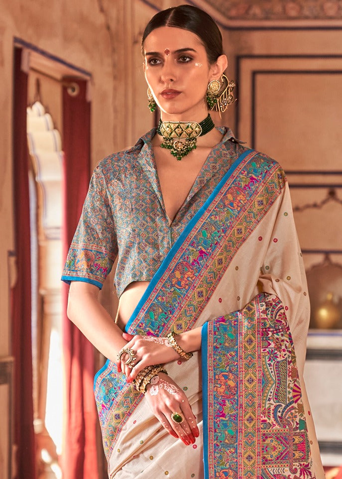 Designer Cream and Turquoise Blue Silk Saree With Ethnic Print