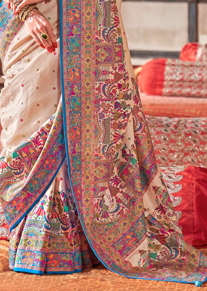 Designer Cream and Turquoise Blue Silk Saree With Ethnic Print