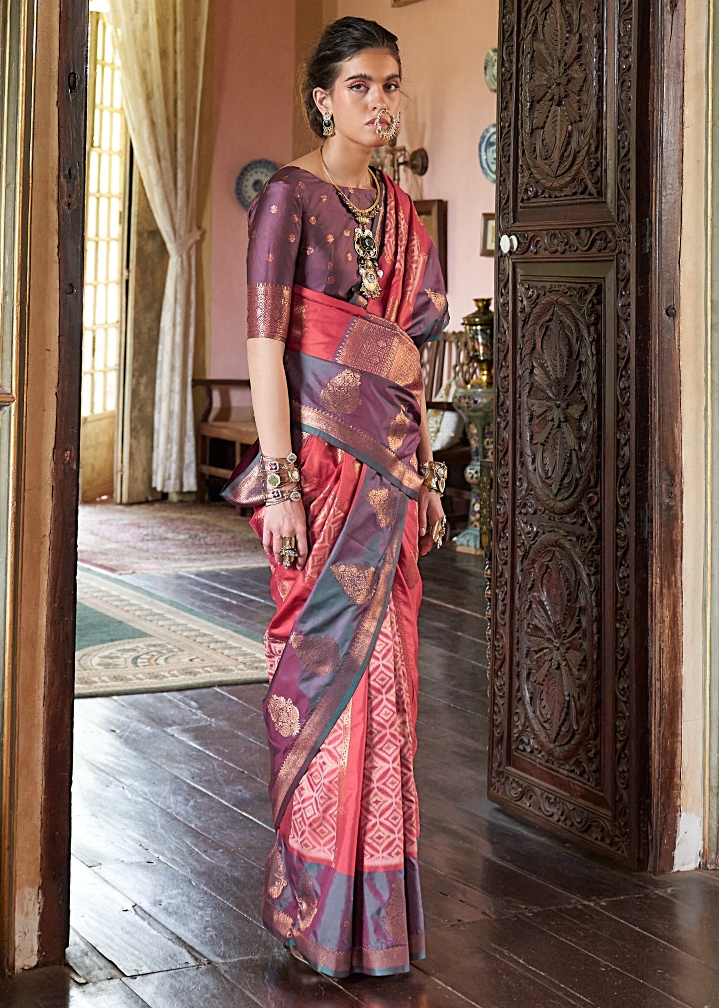 Carrot Red & Mud Grey Kanjivaram Silk Zari Weaving Saree