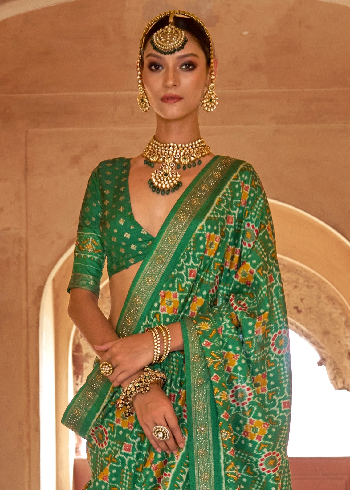 Traditional Design Emerald Green Patola Silk Saree