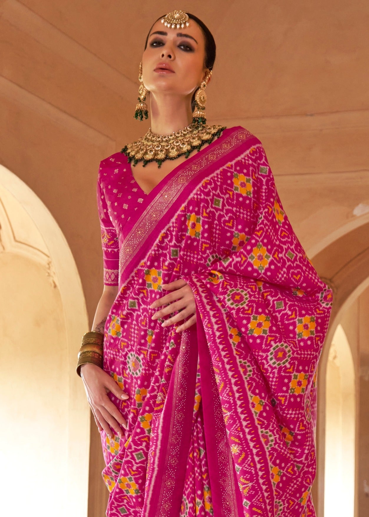 Traditional Design Hot Pink Patola Silk Saree