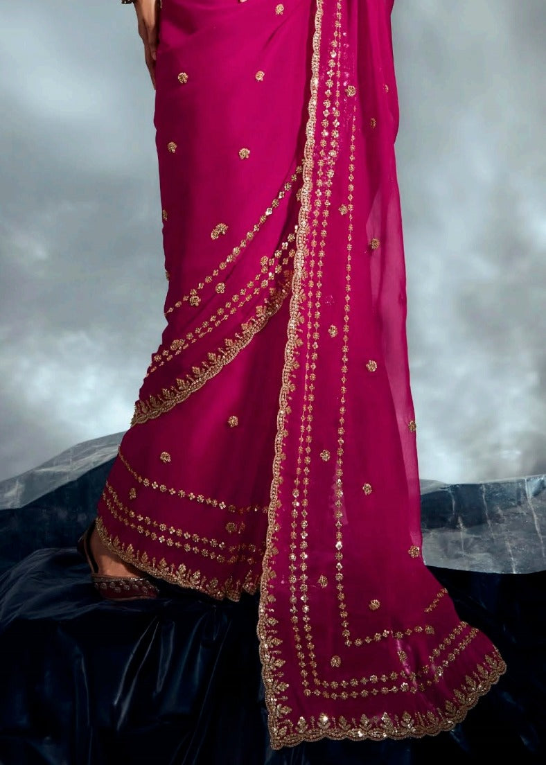 Hot Pink Tissue Silk Hand Embroidered Bridal Saree