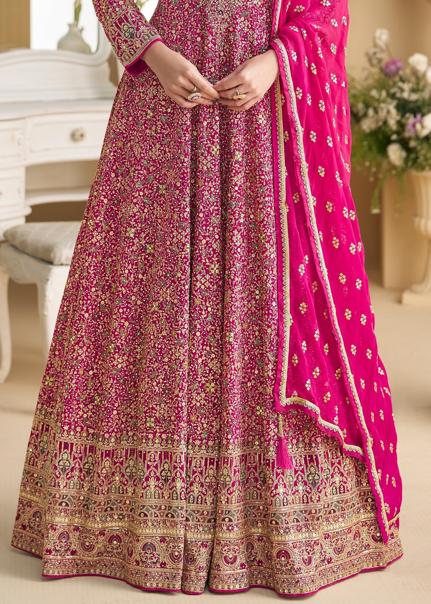 Ruby Pinkish Red Readymade Anarkali Georgette Gown Suit Set