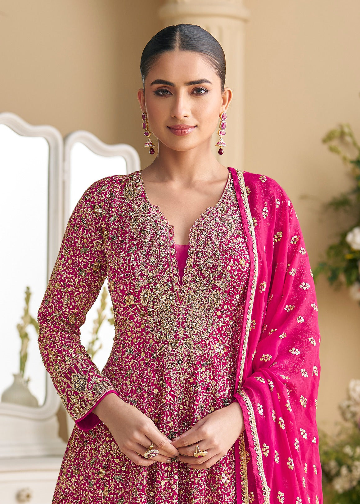 Ruby Pinkish Red Readymade Anarkali Georgette Gown Suit Set