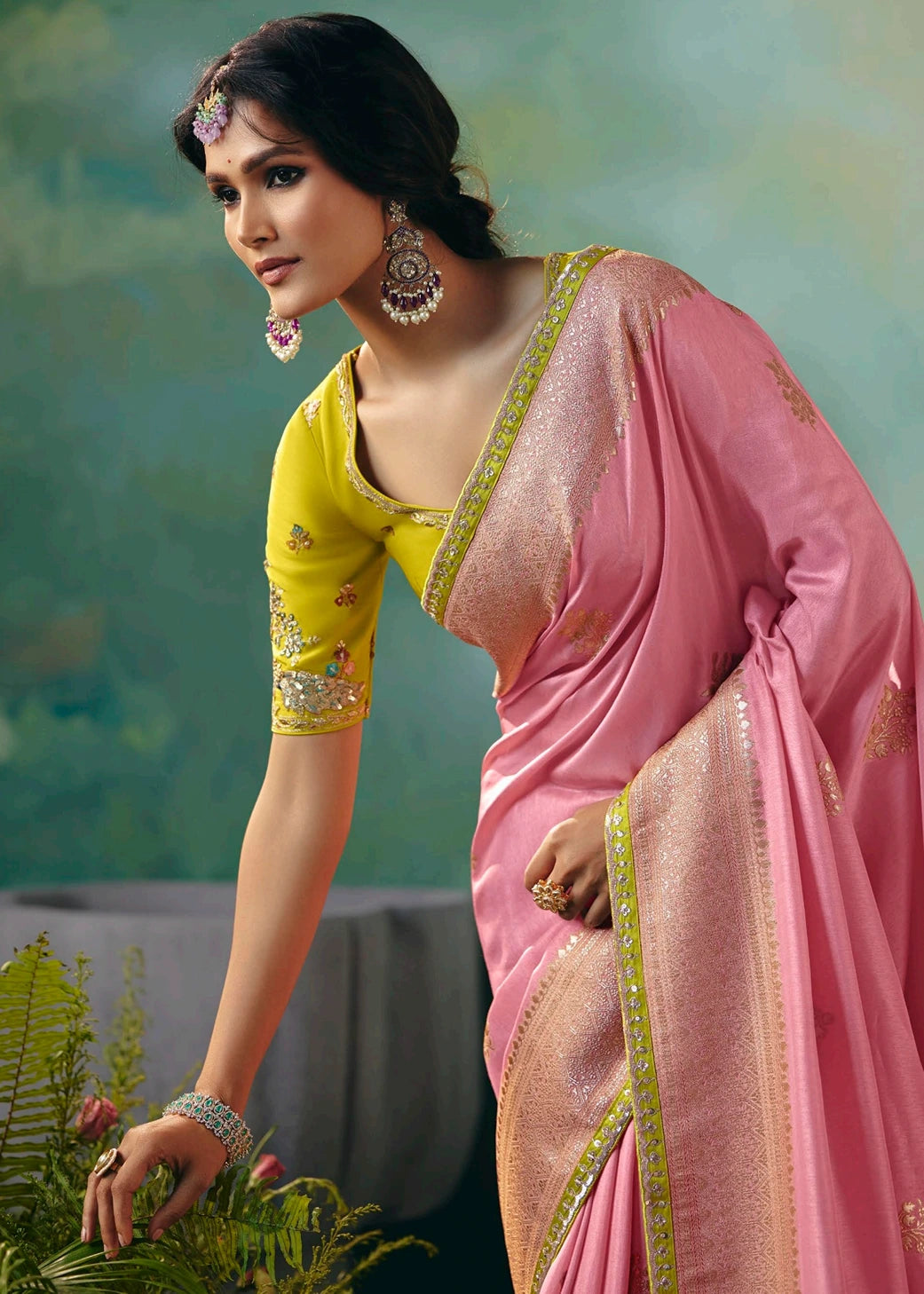 Pastel Pink Banarasi Silk Bridal Saree & Yellow Embroidered Blouse