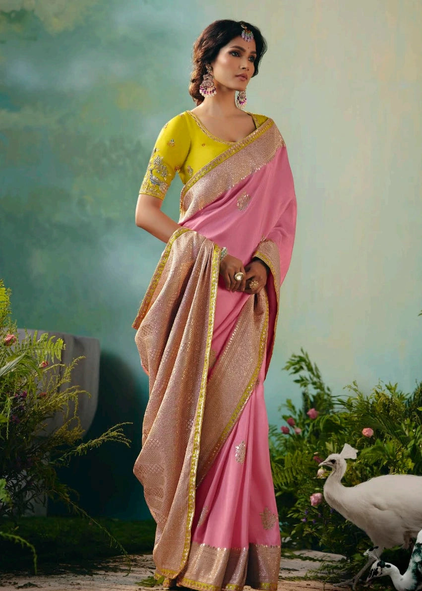 Pastel Pink Banarasi Silk Bridal Saree & Yellow Embroidered Blouse
