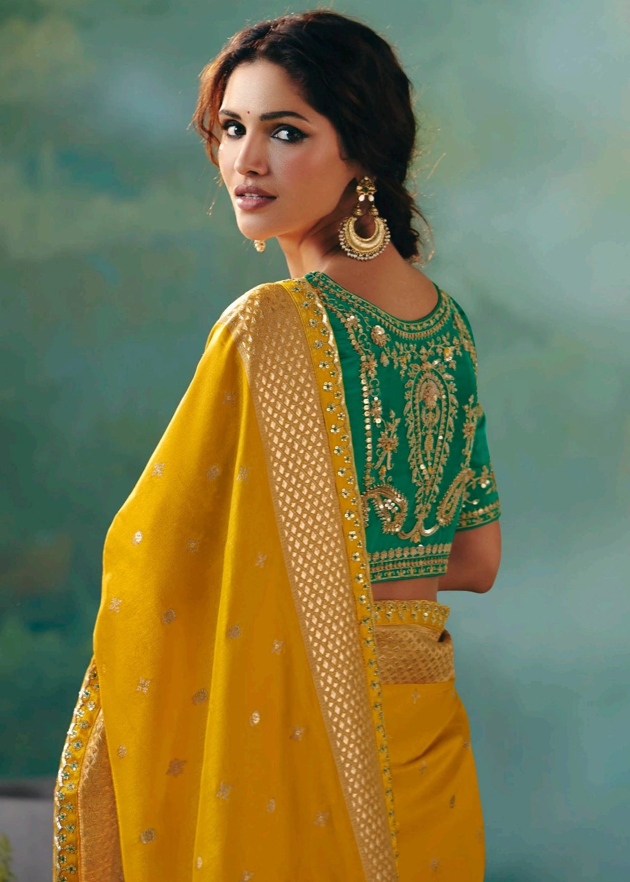 Yellow Banarasi Silk Bridal Saree & Green Embroidered Blouse