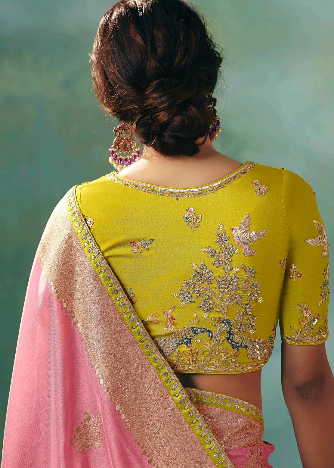 Pastel Pink Banarasi Silk Bridal Saree & Yellow Embroidered Blouse