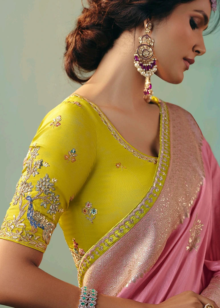 Pastel Pink Banarasi Silk Bridal Saree & Yellow Embroidered Blouse