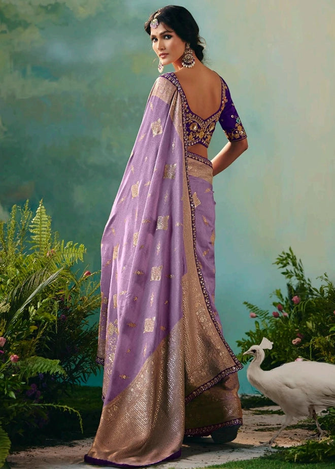 Lavender Purple Dola Banarasi Silk Saree & Embroidered Blouse