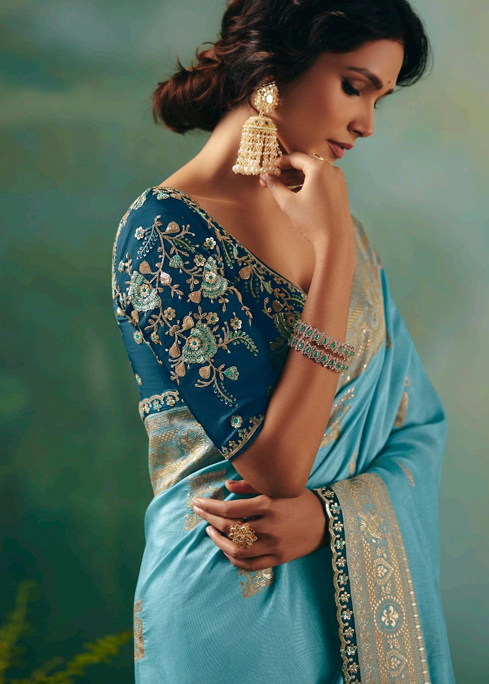 Two Tone Sky Blue Banarasi Silk Bridal Saree & Navy Blue Embroidered Blouse